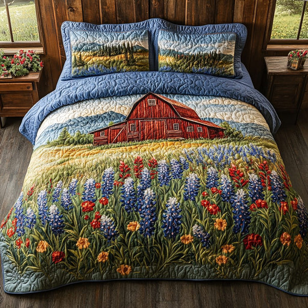Texas Barn quilted 3-piece bedding set on a made bed in a rustic timber bedroom