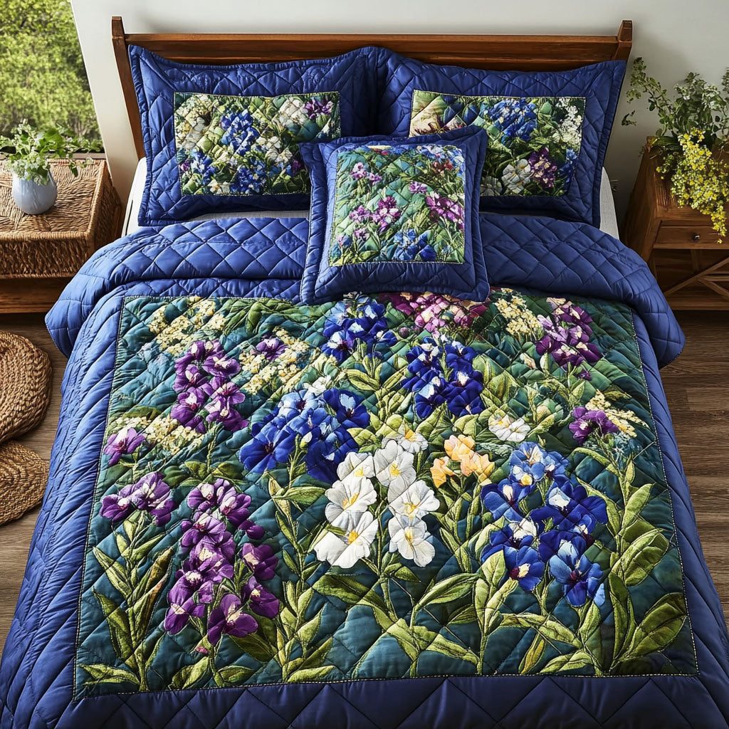 Texas Bloom Patch quilted 3-piece bedding set on a made bed in a rustic timber bedroom