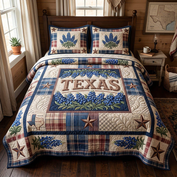 Texas Bloom quilted 3-piece bedding set on a made bed in a rustic timber bedroom