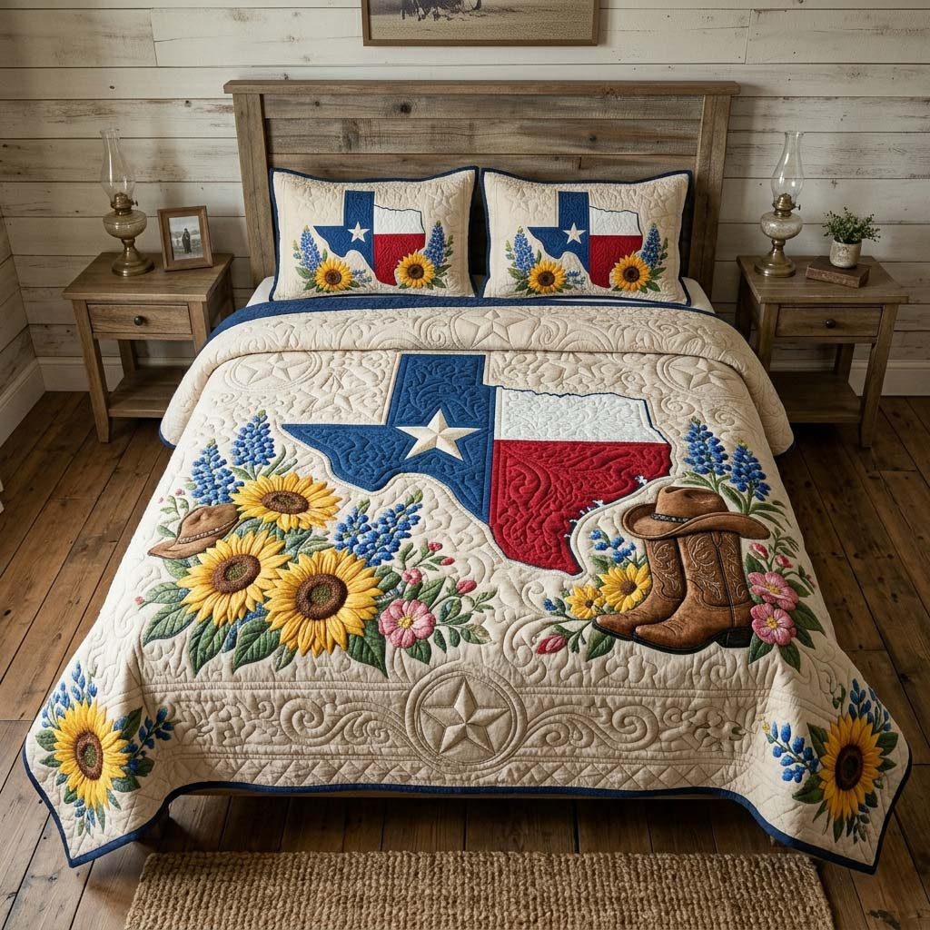 Texas Bloom Ranch quilted 3-piece bedding set on a made bed in a rustic timber bedroom