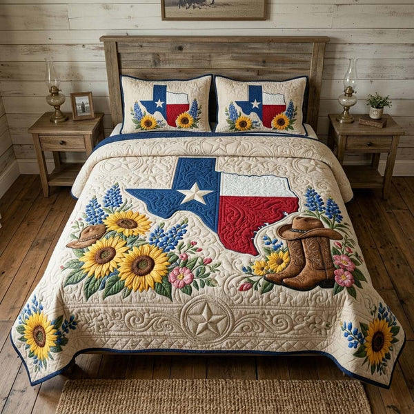 Texas Bloom Ranch quilted 3-piece bedding set on a made bed in a rustic timber bedroom