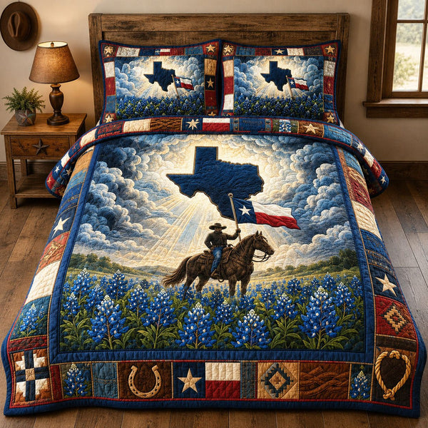 Texas Bluebonnet Rider quilted 3-piece bedding set on a made bed in a rustic timber bedroom