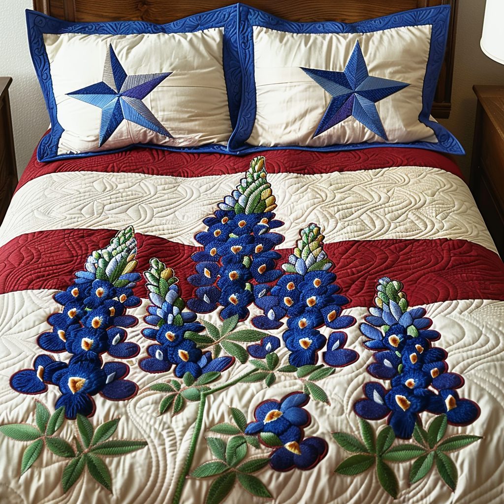 Texas Breeze quilted 3-piece bedding set on a made bed in a rustic timber bedroom