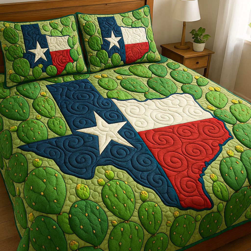 Texas Cactus Glory quilted 3-piece bedding set on a made bed in a rustic timber bedroom