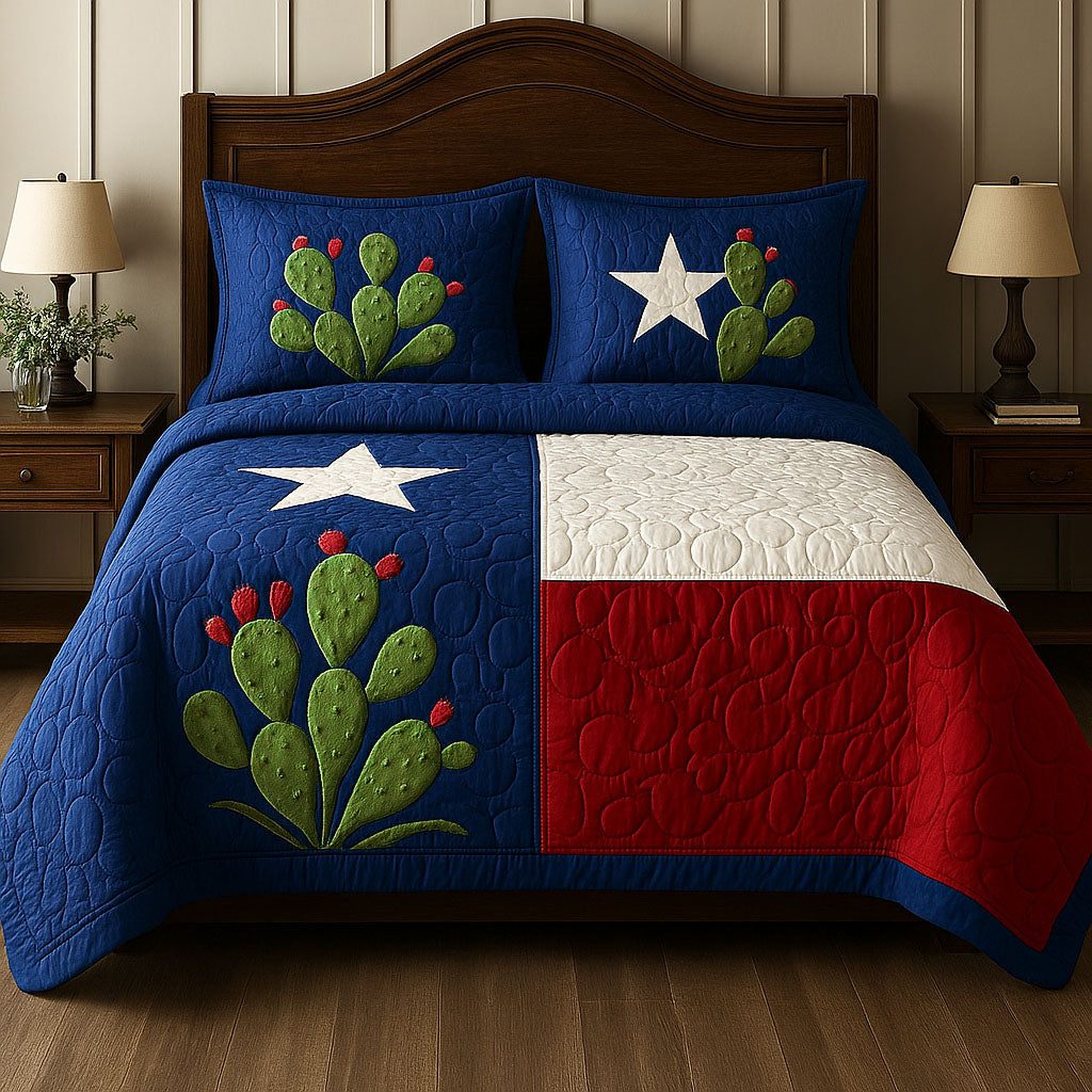 Texas Cactus quilted 3-piece bedding set on a made bed in a rustic timber bedroom