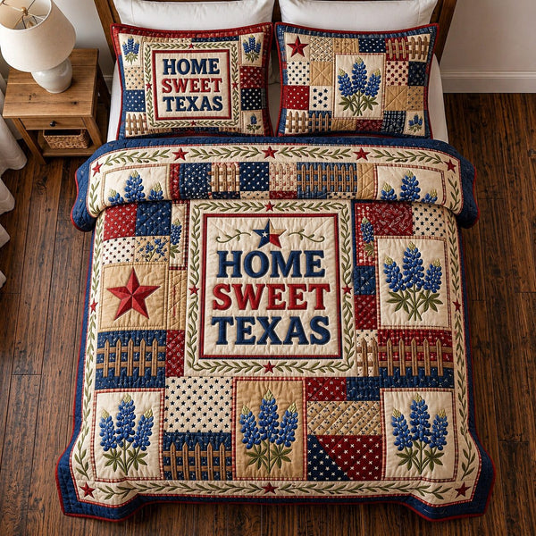 Texas Canyon Dusk quilted 3-piece bedding set on a made bed in a rustic timber bedroom