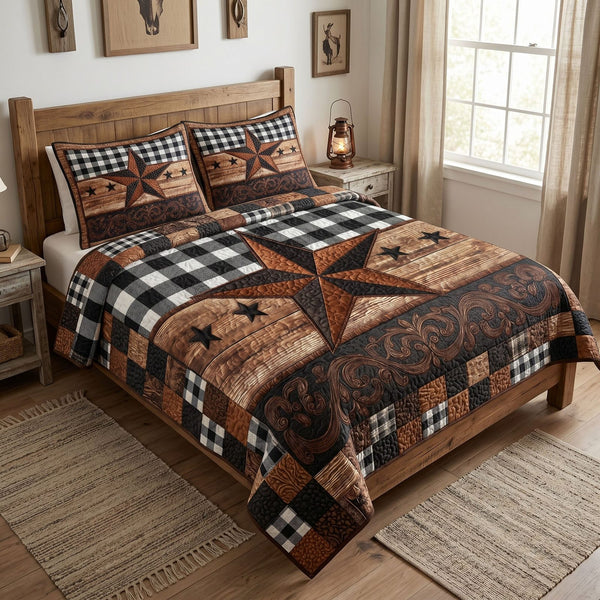 Texas Classic quilted 3-piece bedding set on a made bed in a rustic timber bedroom