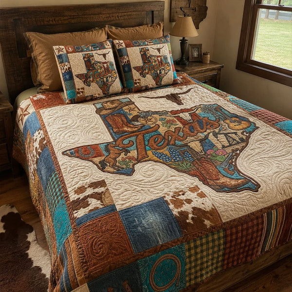 Texas Country Legacy quilted 3-piece bedding set on a made bed in a rustic timber bedroom