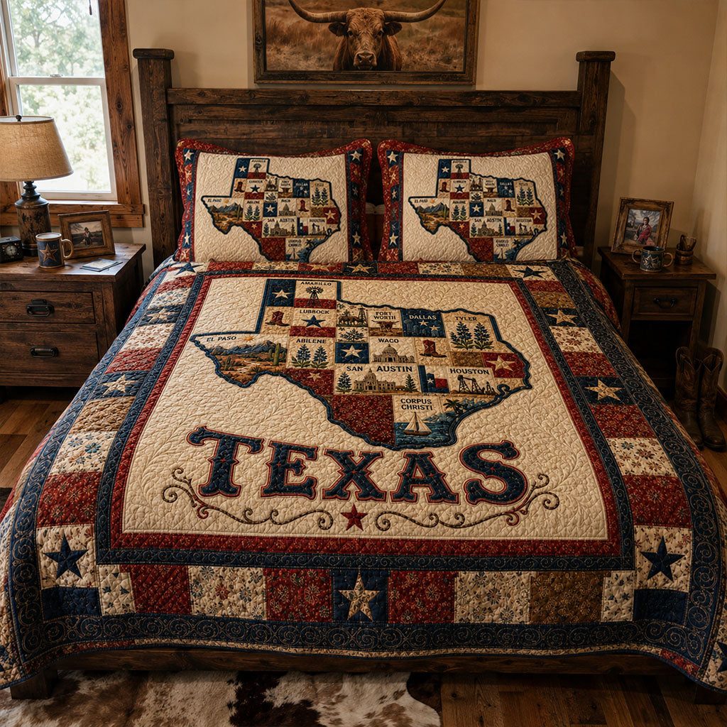 Texas Countryside quilted 3-piece bedding set on a made bed in a rustic timber bedroom