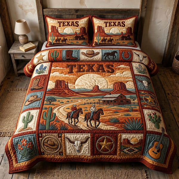Texas Cowboy quilted 3-piece bedding set on a made bed in a rustic timber bedroom