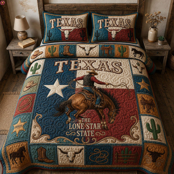 Texas Cowboy quilted 3-piece bedding set on a made bed in a rustic timber bedroom
