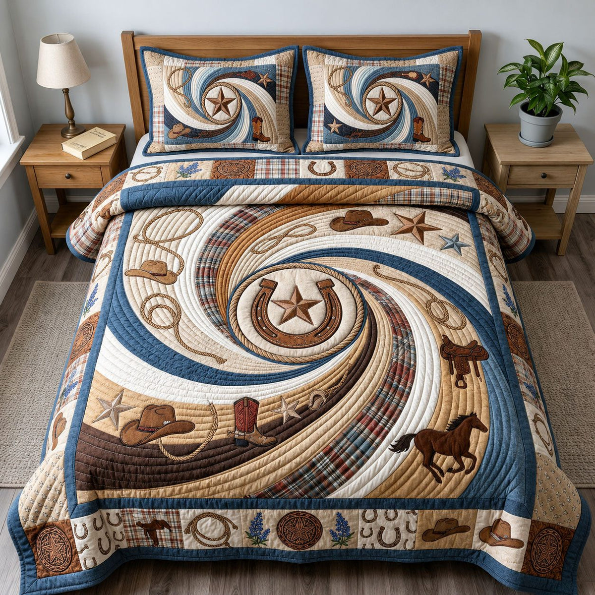 Texas Cowboy quilted 3-piece bedding set on a made bed in a rustic timber bedroom