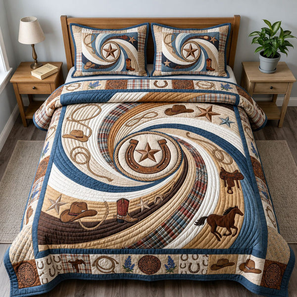 Texas Cowboy quilted 3-piece bedding set on a made bed in a rustic timber bedroom