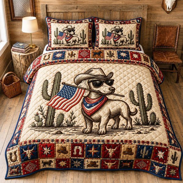 Texas Doxie Dashshund Western quilted 3-piece bedding set on a made bed in a rustic timber bedroom