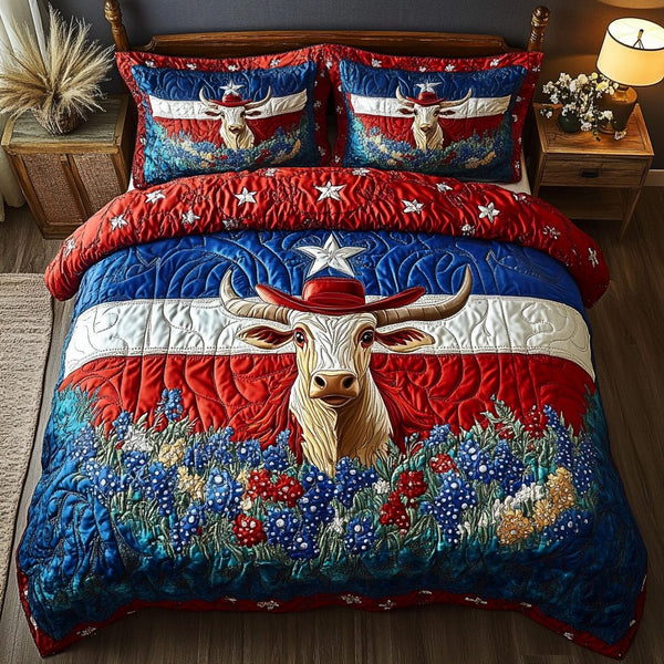 Texas Flag quilted 3-piece bedding set on a made bed in a warmly lit bedroom