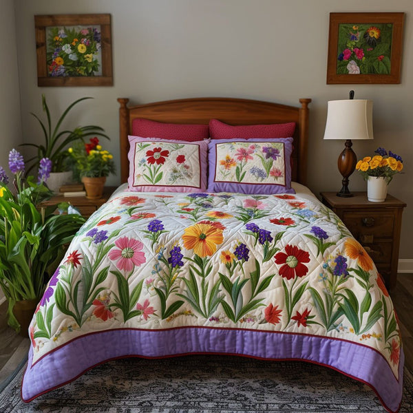 Texas Floral Patchwork quilted 3-piece bedding set on a made bed in a rustic timber bedroom