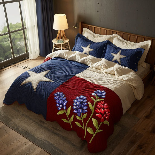 Texas Flowers Charm quilted 3-piece bedding set on a made bed in a rustic timber bedroom