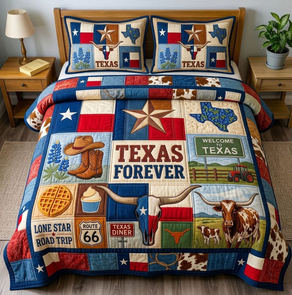 Texas Forever Road Trip quilted 3-piece bedding set on a made bed in a rustic timber bedroom