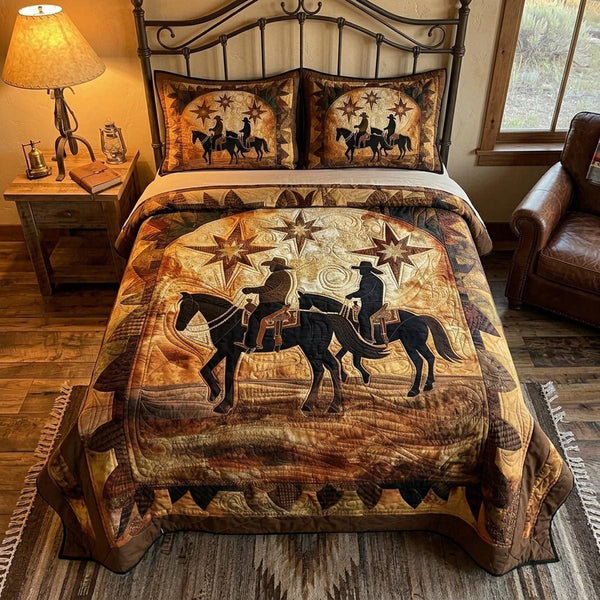 Texas Frontier quilted 3-piece bedding set on a made bed in a rustic timber bedroom