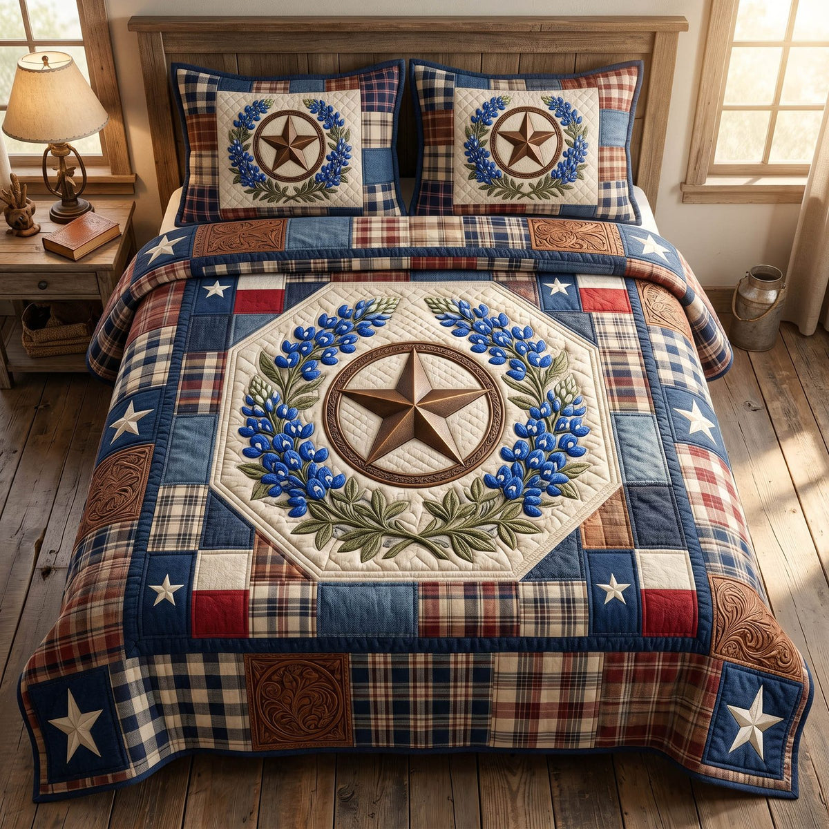 Texas Garden quilted 3-piece bedding set on a made bed in a rustic timber bedroom