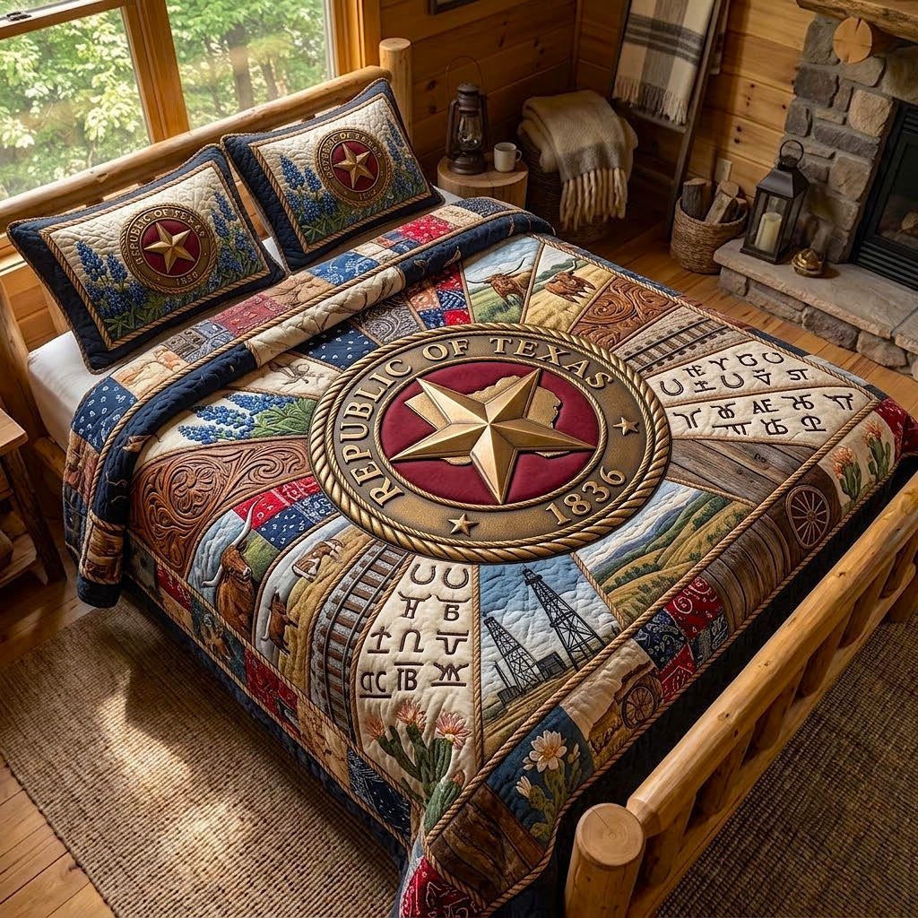 Texas Glory quilted 3-piece bedding set on a made bed in a rustic timber bedroom