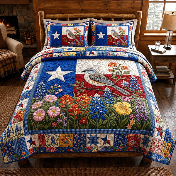 Texas Glory quilted 3-piece bedding set on a made bed in a rustic timber bedroom