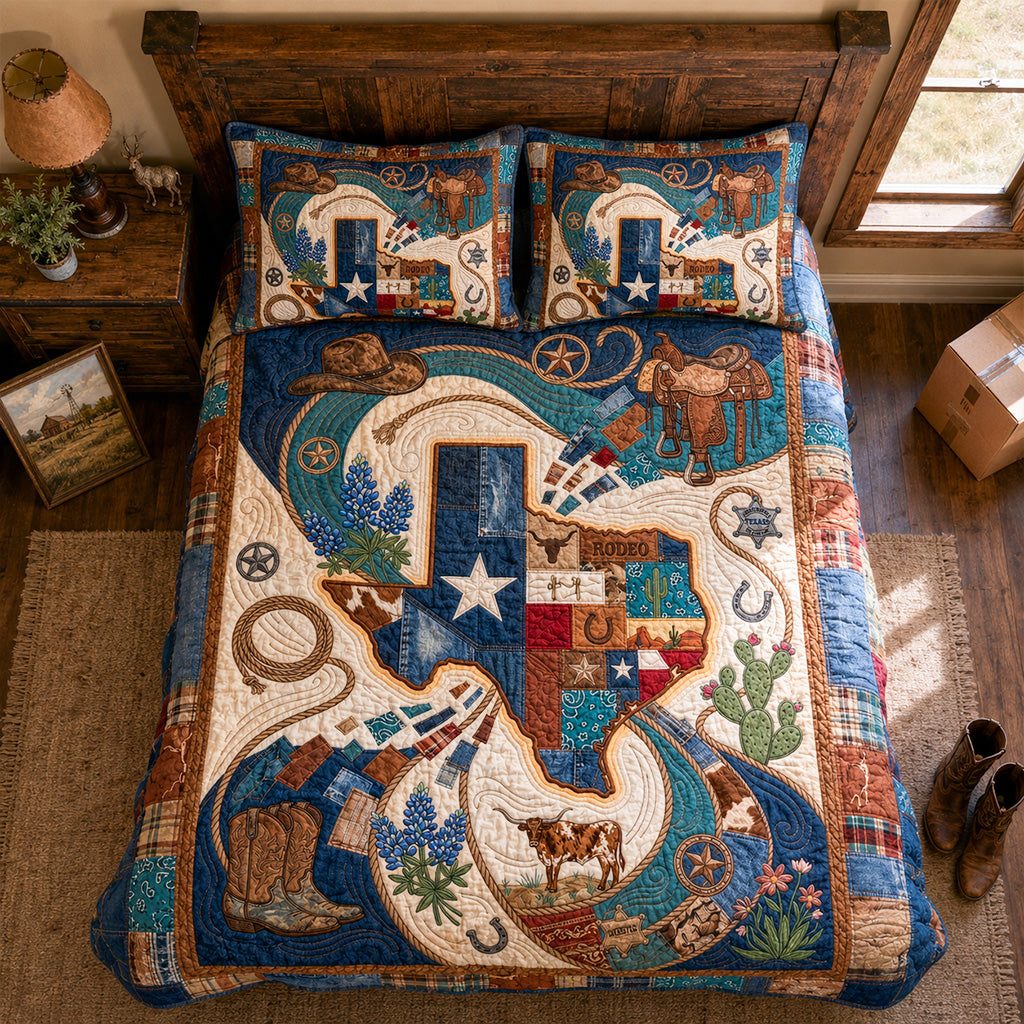 Texas Gravitational Heritage quilted 3-piece bedding set on a made bed in a rustic timber bedroom