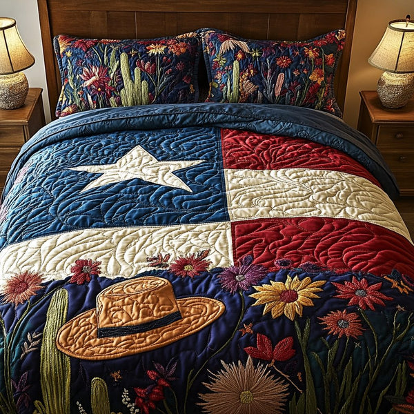 Texas Heart quilted 3-piece bedding set on a made bed in a rustic timber bedroom