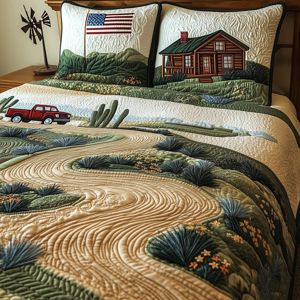 Texas Heritage Land quilted 3-piece bedding set on a made bed in a rustic timber bedroom