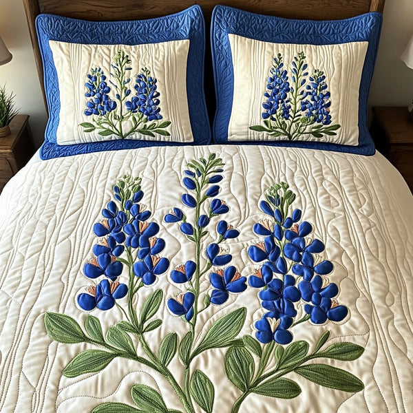 Texas Heritage quilted 3-piece bedding set on a made bed in a rustic timber bedroom
