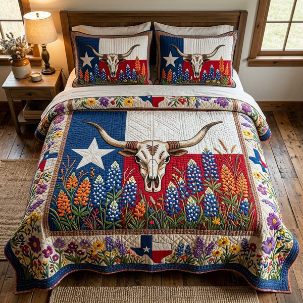 Texas Heritage quilted 3-piece bedding set on a made bed in a rustic timber bedroom