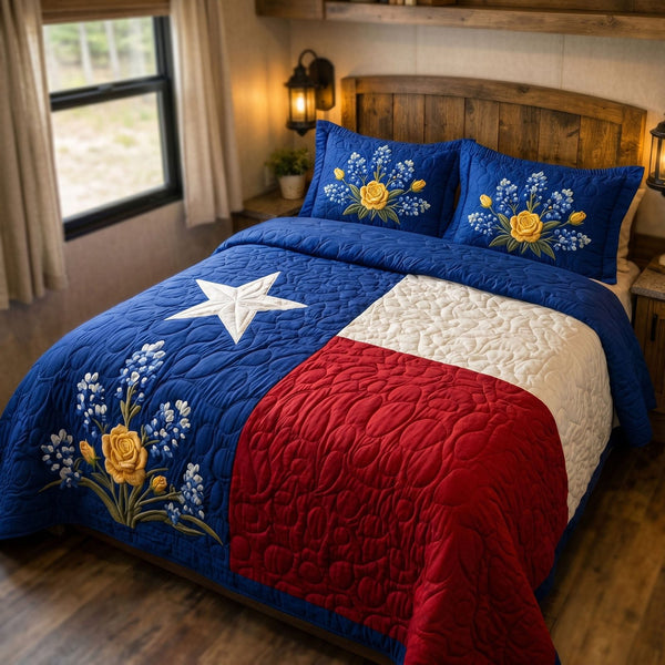 Texas Heritage quilted 3-piece bedding set on a made bed in a rustic timber bedroom