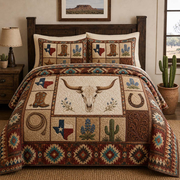 Texas Heritage quilted 3-piece bedding set on a made bed in a rustic timber bedroom