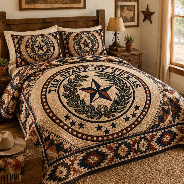Texas Heritage quilted 3-piece bedding set on a made bed in a rustic timber bedroom