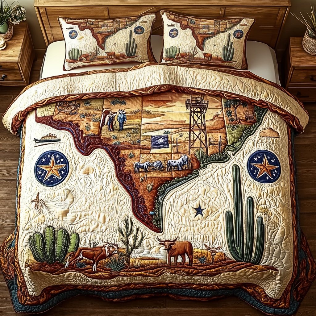Texas Heritage quilted 3-piece bedding set on a made bed in a rustic timber bedroom