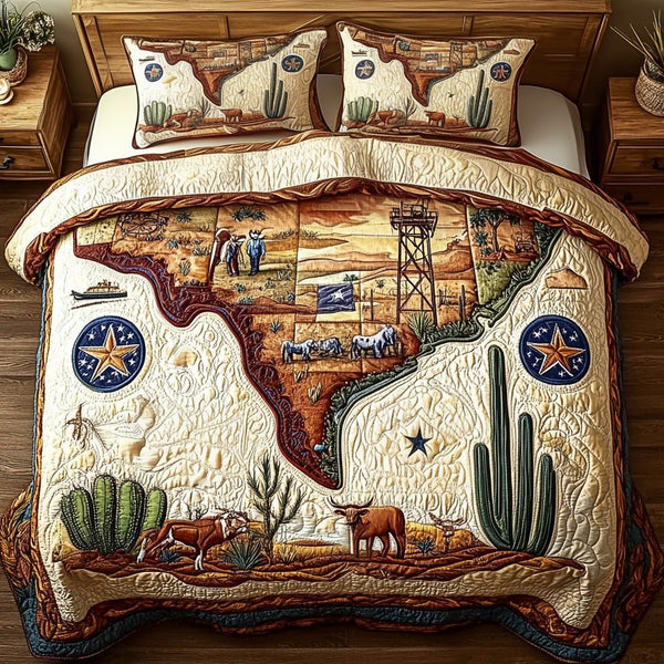 Texas Heritage quilted 3-piece bedding set on a made bed in a rustic timber bedroom