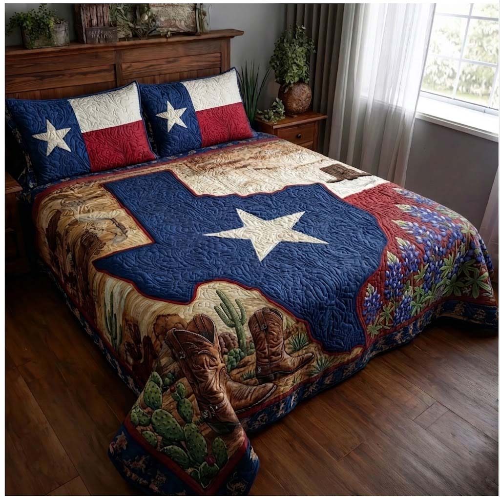 Texas Heritage Star quilted 3-piece bedding set on a made bed in a rustic timber bedroom