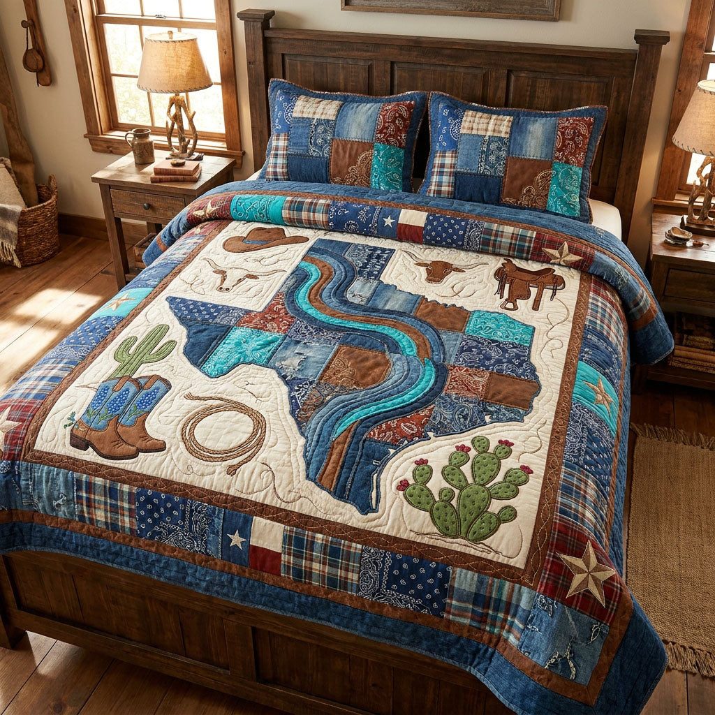 Texas Heritage Trail quilted 3-piece bedding set on a made bed in a rustic timber bedroom