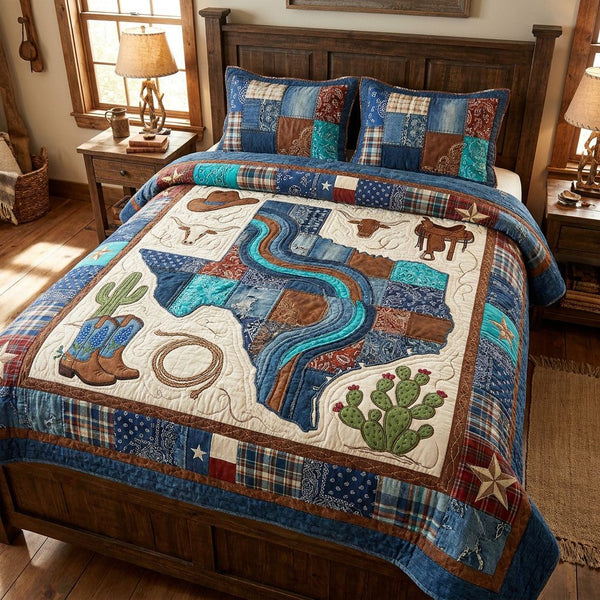 Texas Heritage Trail quilted 3-piece bedding set on a made bed in a rustic timber bedroom