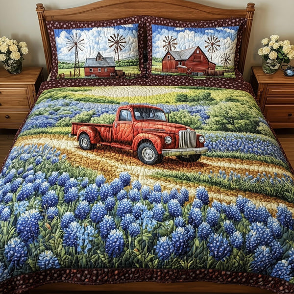 Texas Home quilted 3-piece bedding set on a made bed in a rustic timber bedroom