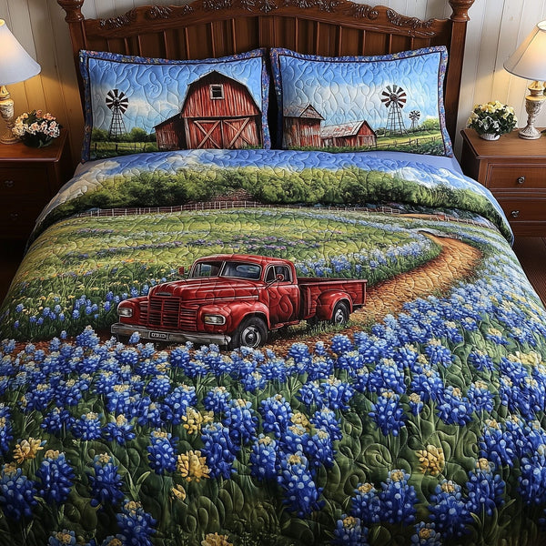 Texas Home quilted 3-piece bedding set on a made bed in a rustic timber bedroom