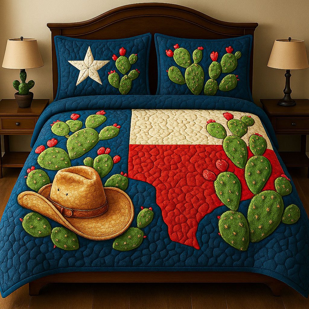Texas Landscape quilted 3-piece bedding set on a made bed in a rustic timber bedroom