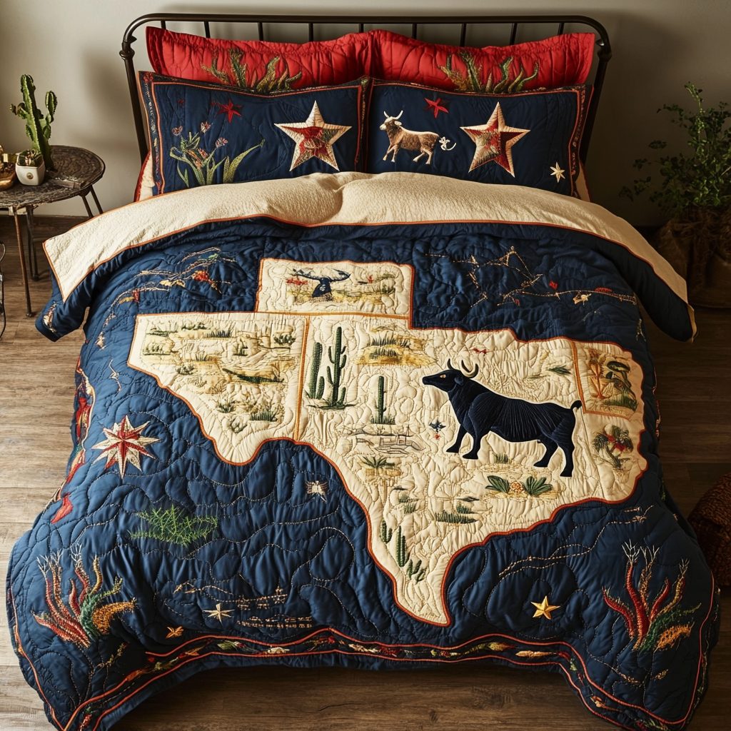 Texas Landscape quilted 3-piece bedding set on a made bed in a rustic timber bedroom