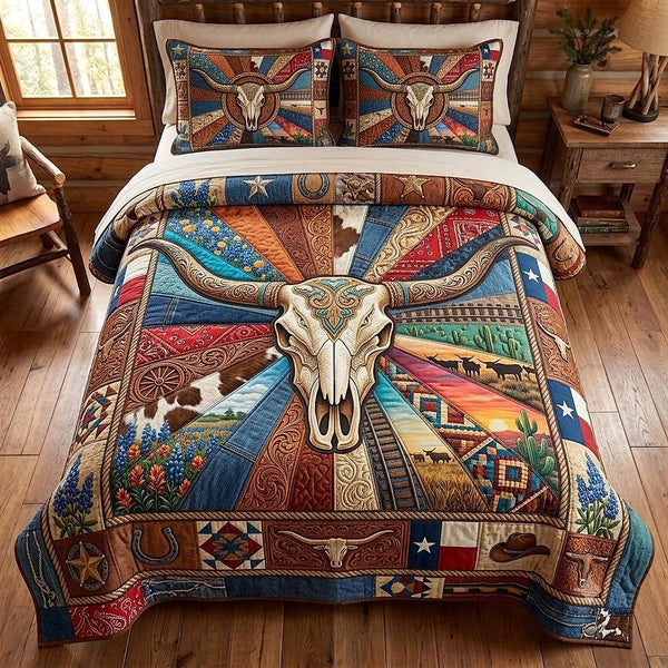 Texas Legacy quilted 3-piece bedding set on a made bed in a rustic timber bedroom