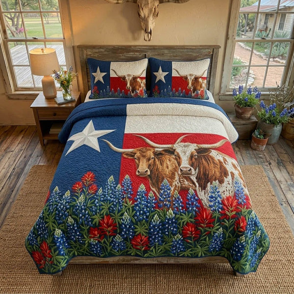 Texas Legacy quilted 3-piece bedding set on a made bed in a rustic timber bedroom