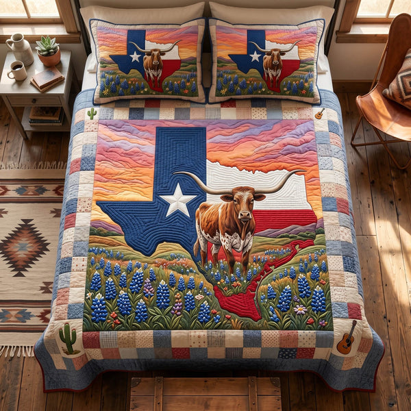 Texas Legacy quilted 3-piece bedding set on a made bed in a rustic timber bedroom