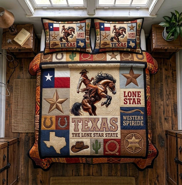 Texas Lone Star State Cowboy quilted 3-piece bedding set on a made bed in a rustic timber bedroom