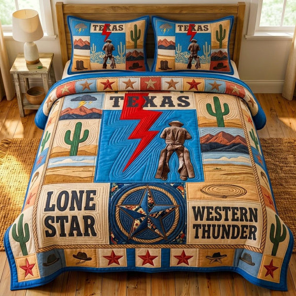 Texas Lone Star Western Thunder quilted 3-piece bedding set on a made bed in a rustic timber bedroom
