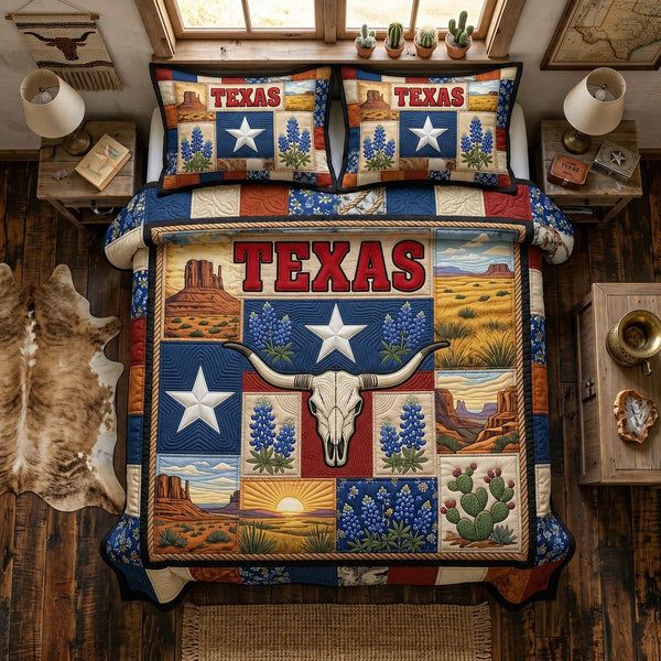 Texas Longhorn Desert Heritage quilted 3-piece bedding set on a made bed in a rustic timber bedroom