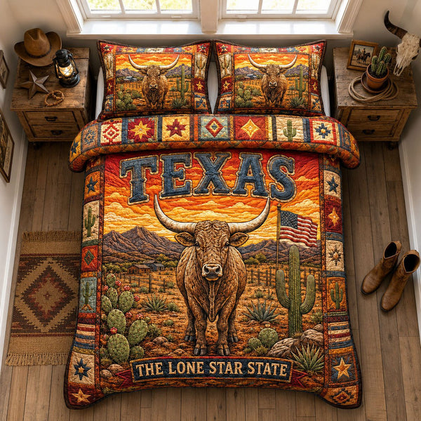 Texas Longhorn Desert quilted 3-piece bedding set on a made bed in a rustic timber bedroom